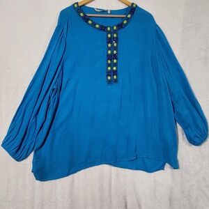 Soft Surroundings Tunic Top Womens 2X Blue Beaded Neck Balloon Sleeve Boho Rayon